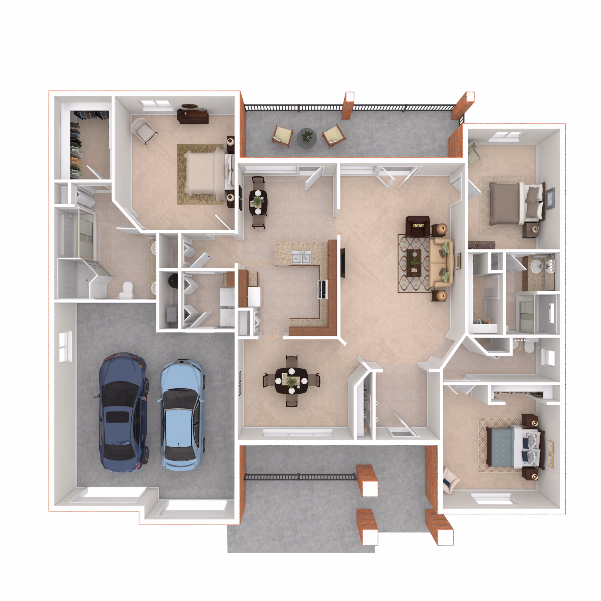 3D floor plan of a single-story home featuring three bedrooms, two bathrooms, a kitchen with an island, a dining area, a living room, a two-car garage, and two outdoor patio areas with seating.