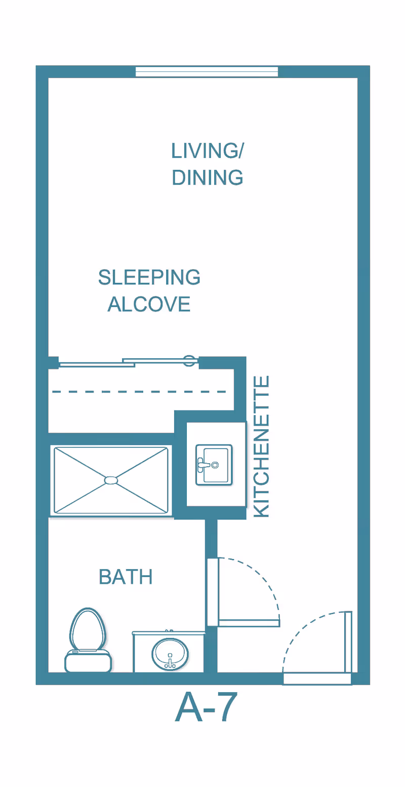 Floor plan of a studio apartment labeled A-7 at Holiday Rock Creek, showing a living/dining area, sleeping alcove, kitchenette with a sink, and a bathroom with a toilet and sink.