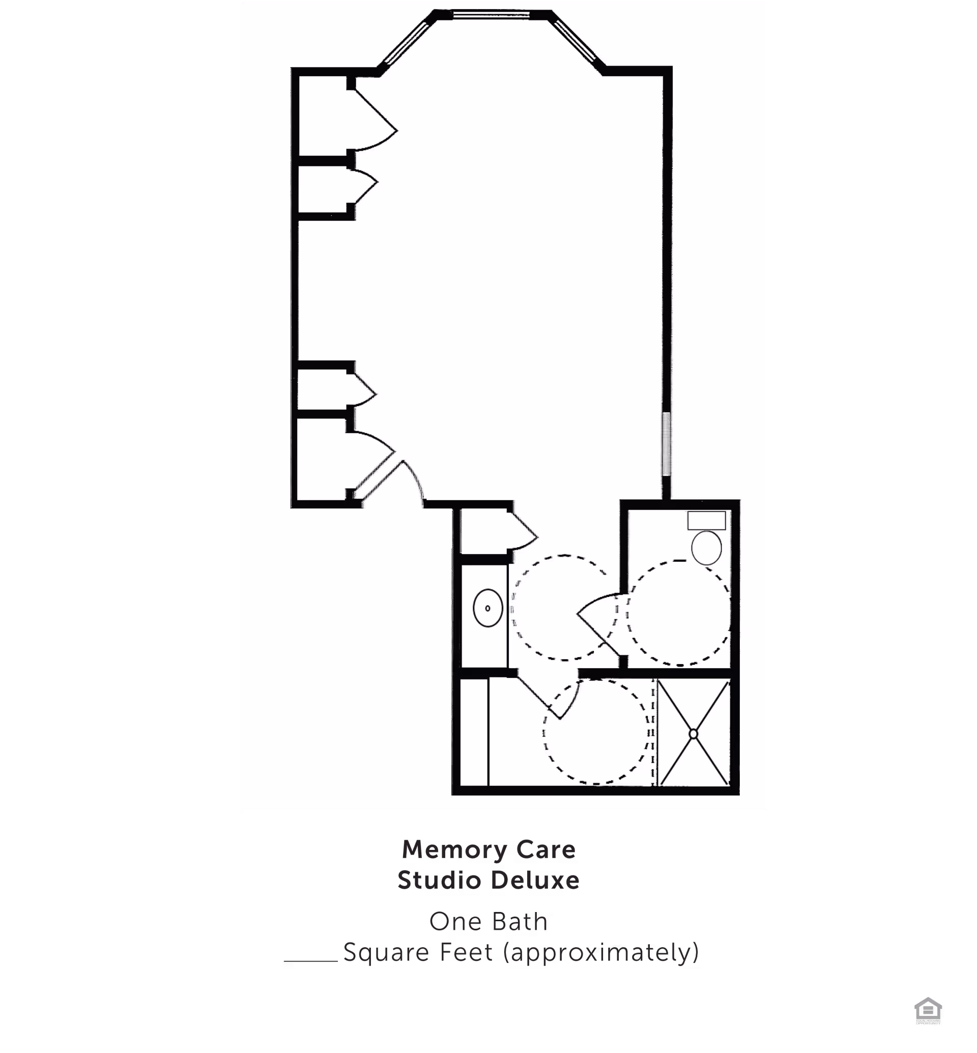 Floor plan layout of a Memory Care Studio Deluxe unit featuring one bathroom. The plan shows the arrangement of rooms including a main living area, bathroom with toilet and shower, and closet spaces.