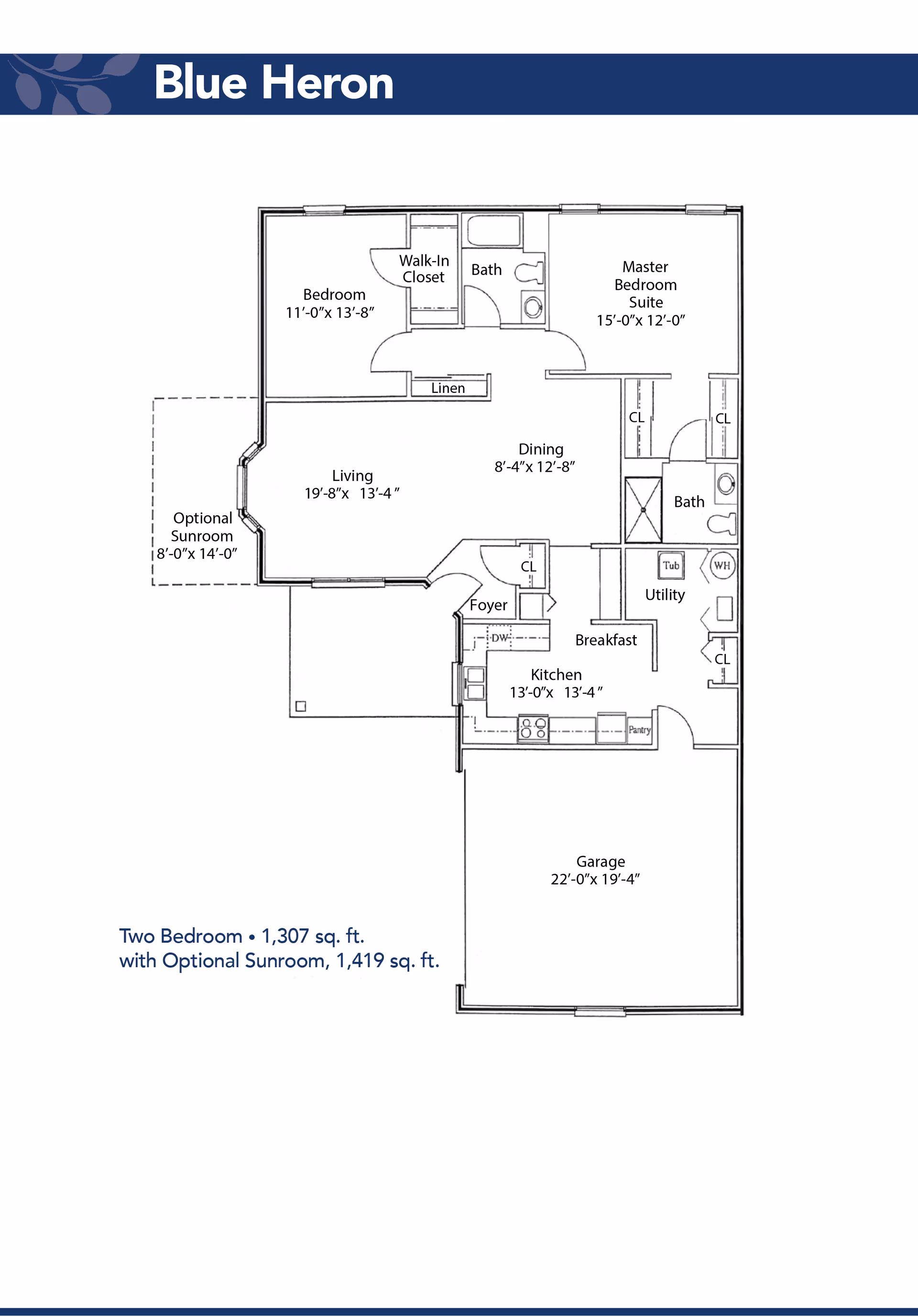 Floor plan of a two-bedroom residence named Blue Heron, showing dimensions and layout including a living room, dining area, kitchen with breakfast nook, foyer, utility room, two bathrooms, walk-in closet, linen closet, garage, and an optional sunroom.
