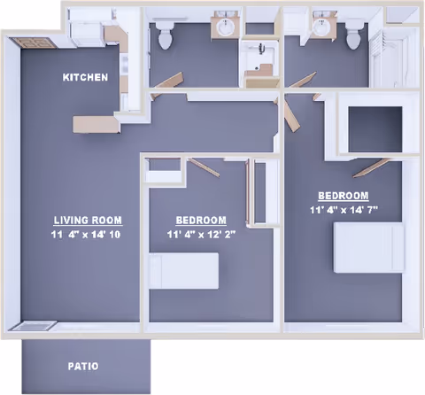 3D floor plan of an apartment at Danbury Massillon showing a kitchen, living room, two bedrooms, two bathrooms, and a patio. The living room measures 11'4" x 14'10", one bedroom measures 11'4" x 12'2", and the other bedroom measures 11'4" x 14'7".
