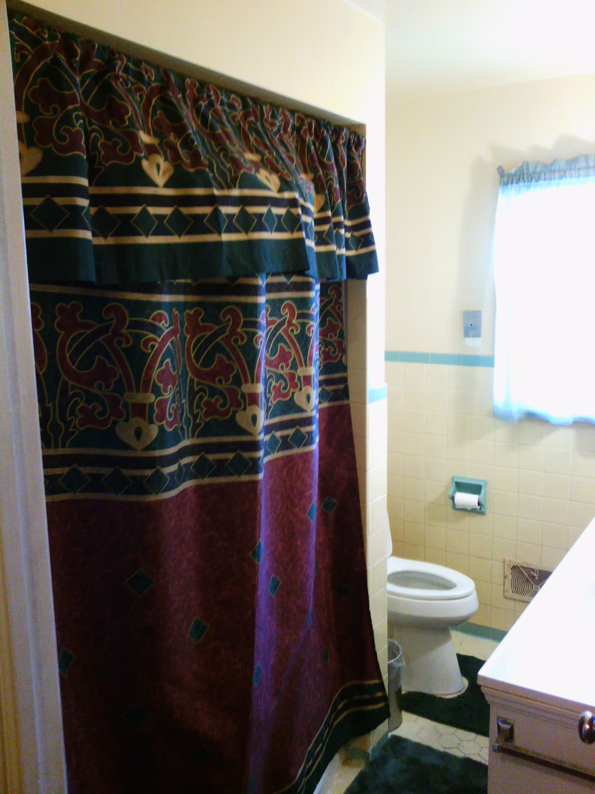 Bathroom interior with a patterned shower curtain, toilet, sink countertop and a small window.