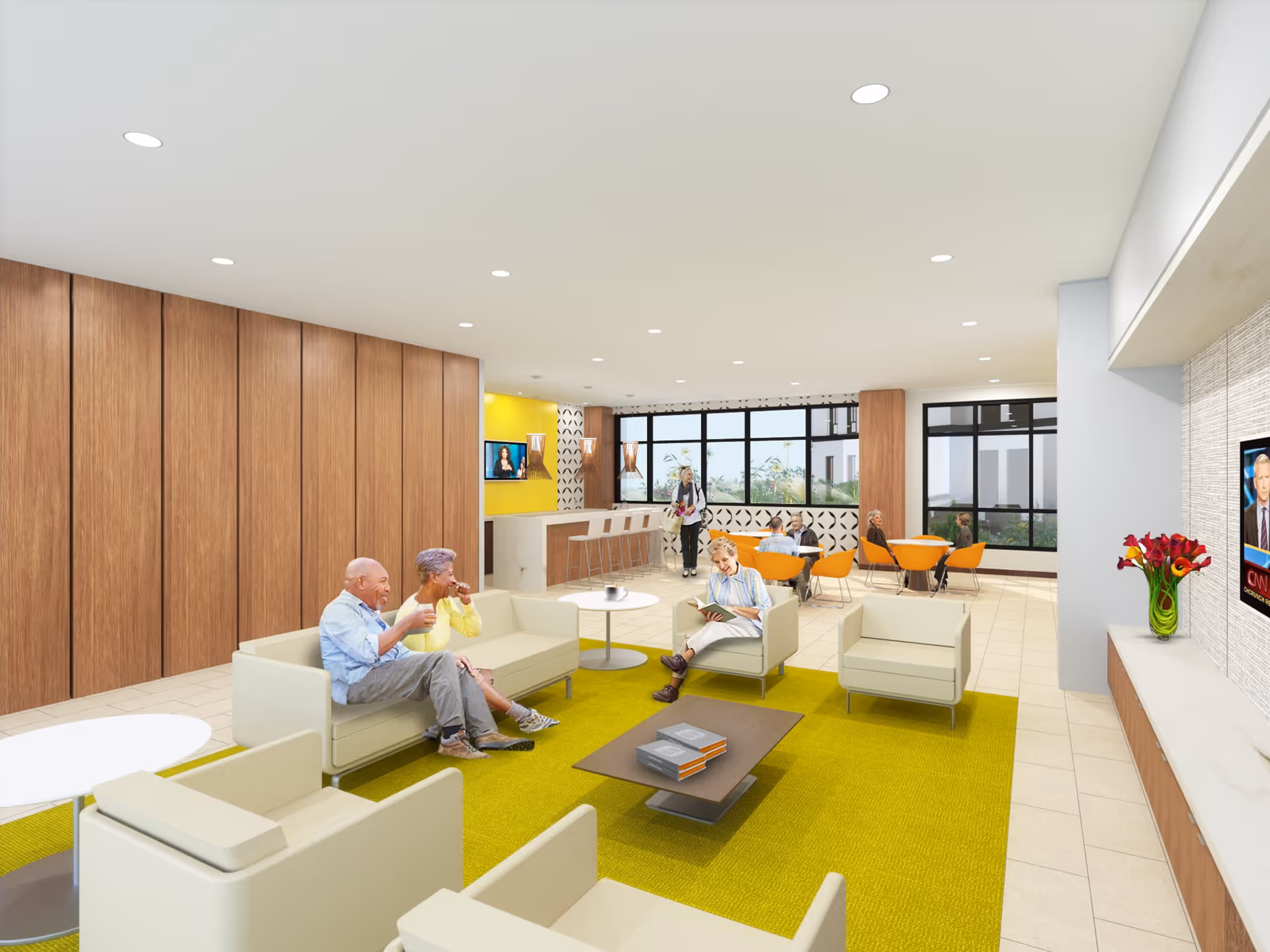 Bright communal lounge in a senior living facility with modern seating, tables, and residents conversing and reading.