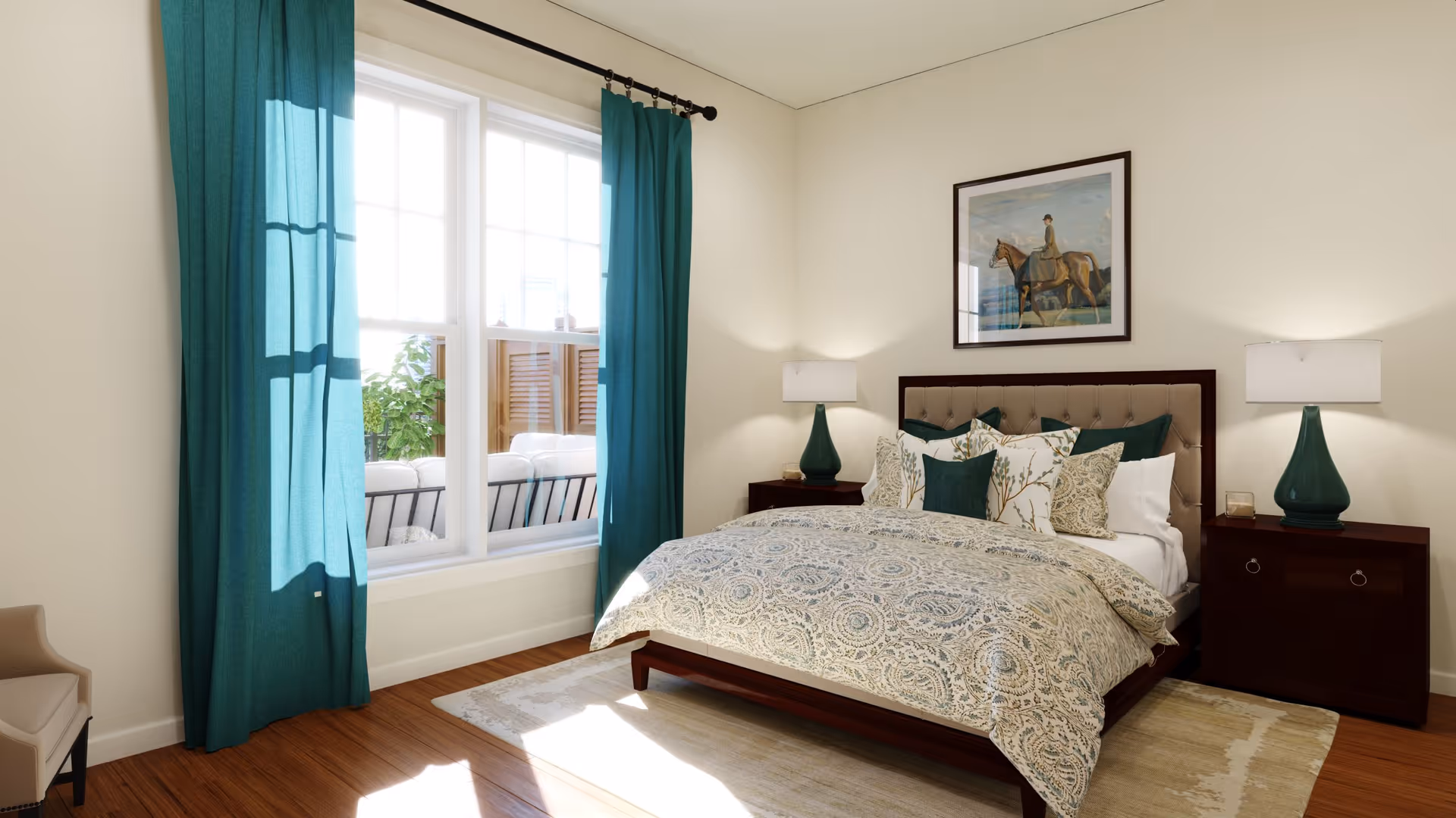 Bright bedroom with a made bed, teal curtains over a large window, and matching bedside tables and lamps.