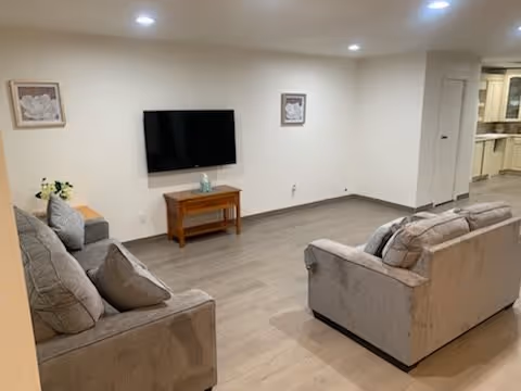 A neutral-toned living room with two gray sofas facing a wall-mounted TV above a small wooden console on light wood flooring.