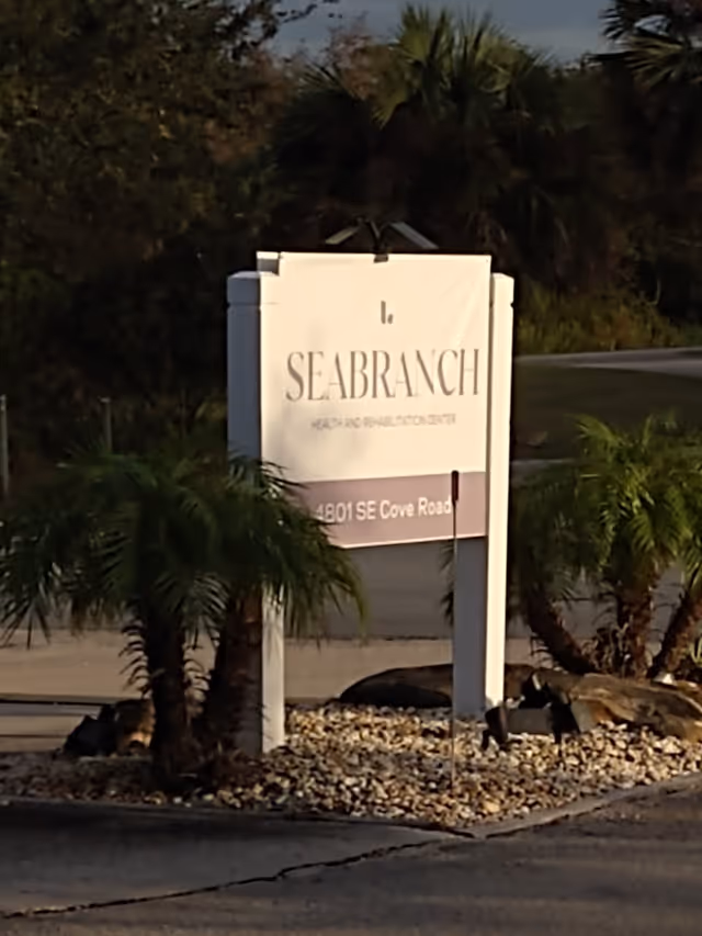 Roadside entrance sign for Seabranch Health and Rehabilitation Center on a landscaped island with palm plants.