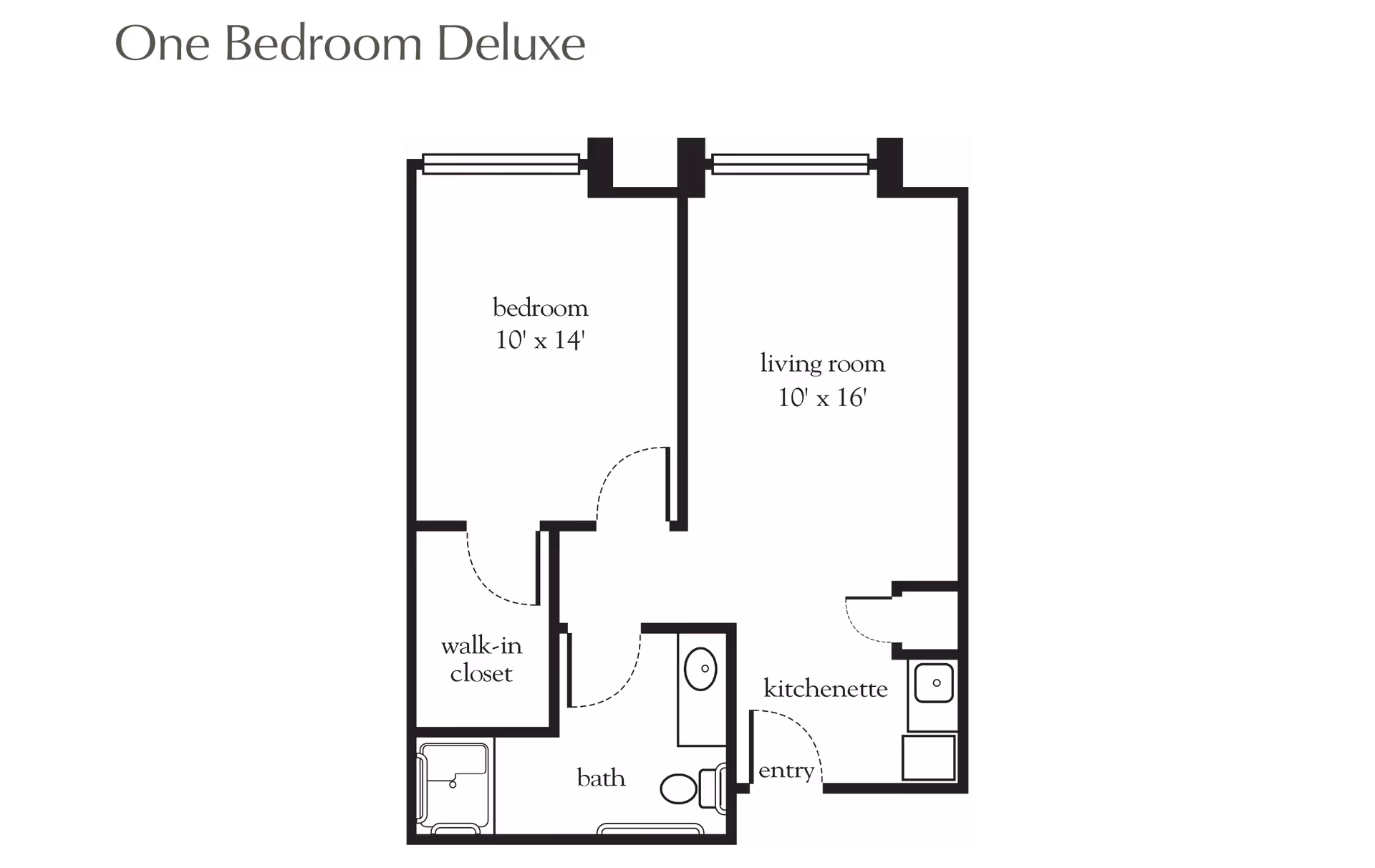 Floor plan of a one bedroom deluxe apartment showing a bedroom measuring 10 feet by 14 feet with a walk-in closet, a bathroom, a living room measuring 10 feet by 16 feet, a kitchenette, and an entry area.