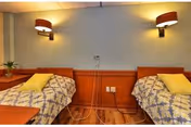 A room with two single beds placed side by side, each with a patterned bedspread and a yellow towel folded on top. The beds have wooden headboards and a small plant is visible on a nightstand between them. The wall behind the beds is painted light blue with wooden paneling below, and two wall-mounted lamps provide lighting above each bed.