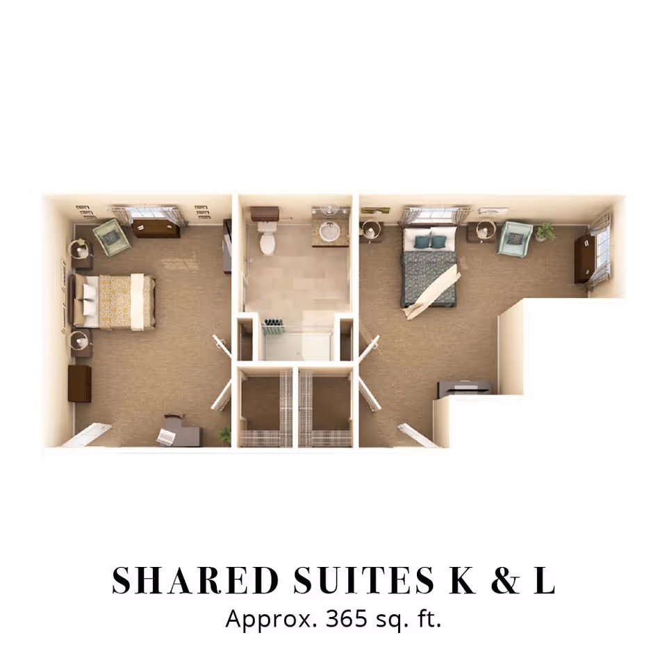 Floor plan of Shared Suites K & L showing two bedrooms separated by a bathroom in the center. Each bedroom has a bed, chair, dresser, and side tables. The bathroom includes a toilet, sink, and shower. The total area is approximately 365 square feet.