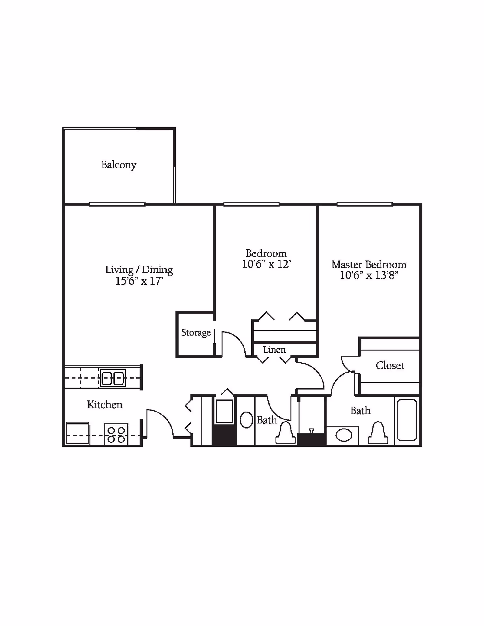 Floor plan of an apartment with a balcony, living/dining area, kitchen, two bedrooms including a master bedroom, two bathrooms, storage, linen closet, and a closet.