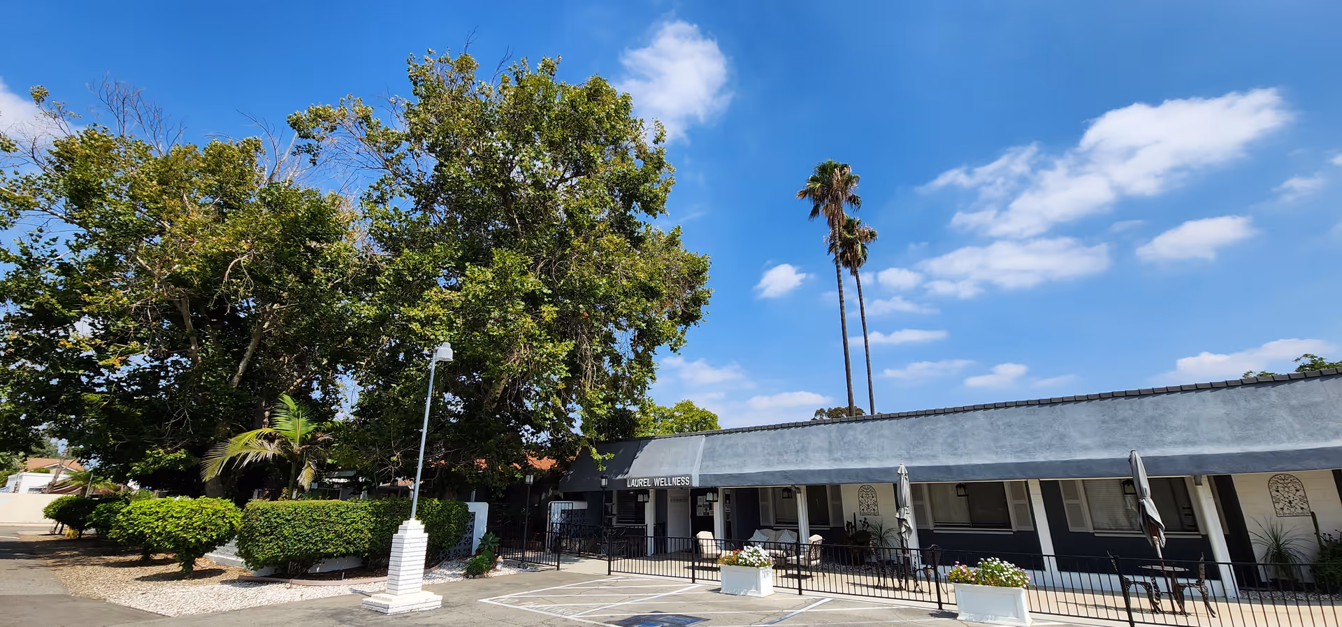 Exterior view of Laurel Wellness and Nursing Center showing a single-story building with a gray roof and blue-gray walls. There are large trees and palm trees in the background, a parking area in front, and some outdoor seating with tables and umbrellas near the entrance under a clear blue sky with scattered clouds.