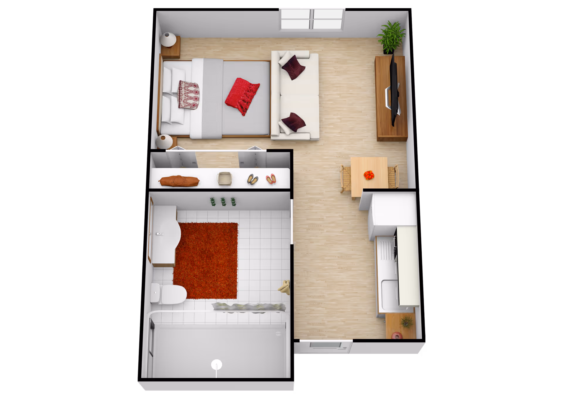 Top-down view of a small apartment layout showing a bedroom with a bed, nightstands, and a sofa, a bathroom with a toilet, sink, and shower, and an open living area with a dining table, kitchen appliances, and a TV on a stand.