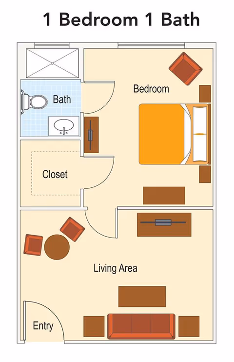 Floor plan of a one-bedroom, one-bath apartment showing an entry leading into a living area with a sofa, two chairs, a round table, and a TV stand. The bedroom contains a bed, two nightstands, a chair, and a dresser. There is a closet adjacent to the bedroom and a bathroom with a toilet, sink, and bathtub.