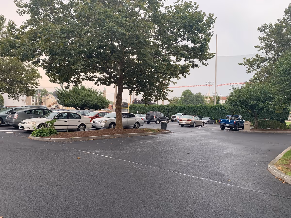 A parking lot with several parked cars and a few trees providing shade. The sky is overcast, and there are buildings and greenery visible in the background.