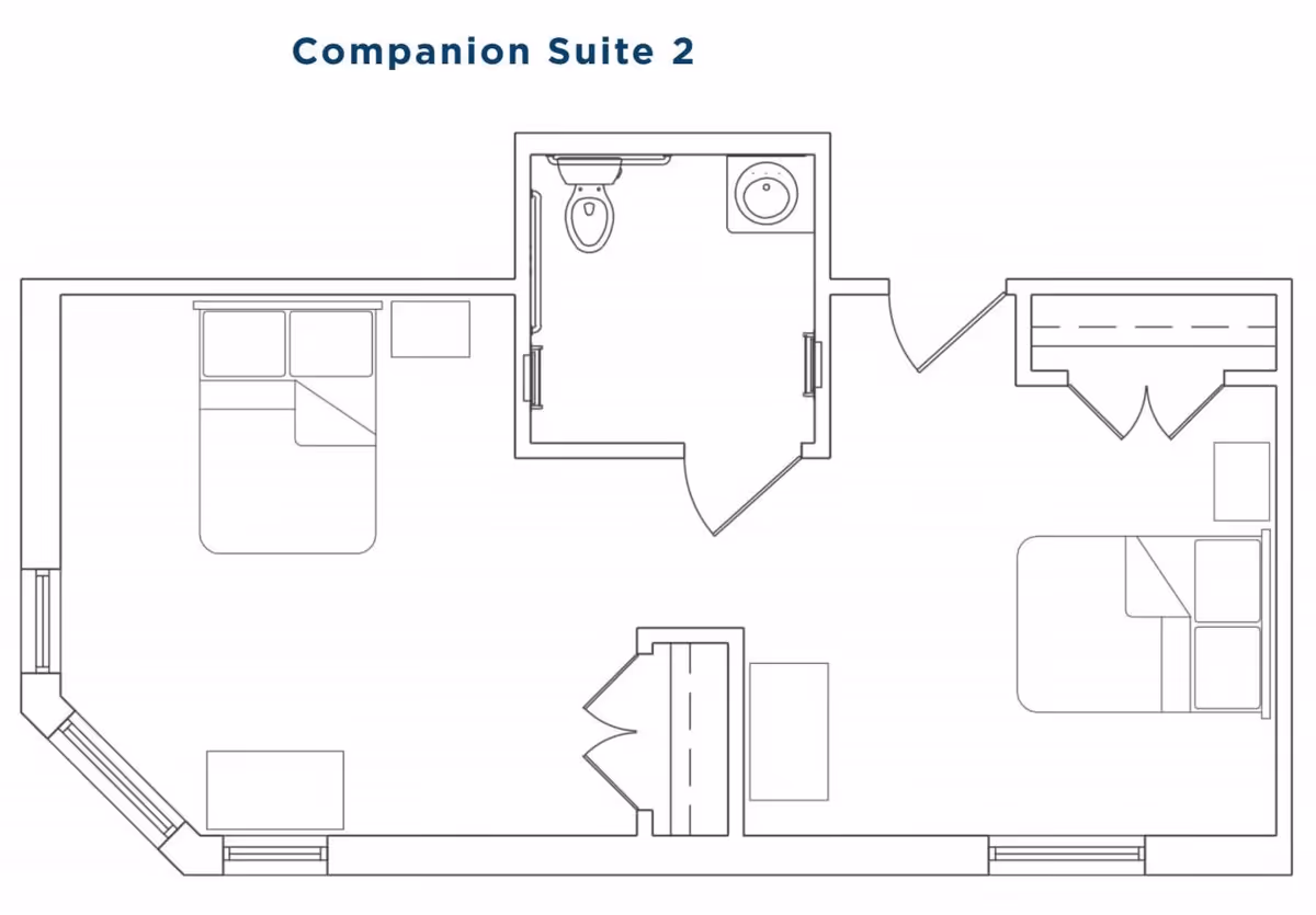 Floor plan labeled Companion Suite 2 showing two bedrooms, a bathroom with a toilet and sink, closets, and furniture layout.