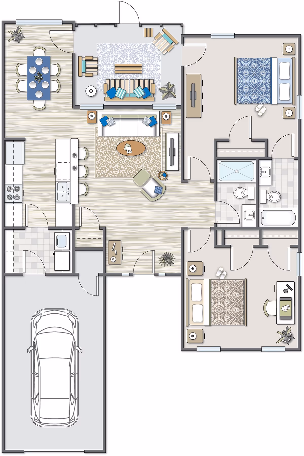 Floor plan of a residential unit showing two bedrooms, two bathrooms, a kitchen with an island and dining area, a living room, a porch with seating, and a garage with a car.