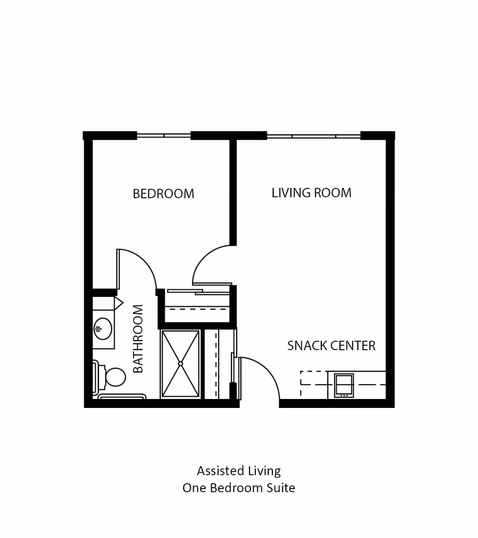 Floor plan of an assisted living one bedroom suite showing a bedroom, bathroom, living room, and snack center.