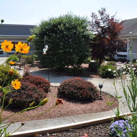 A landscaped outdoor courtyard with colorful flowers, shrubs, and a path near a senior living building.