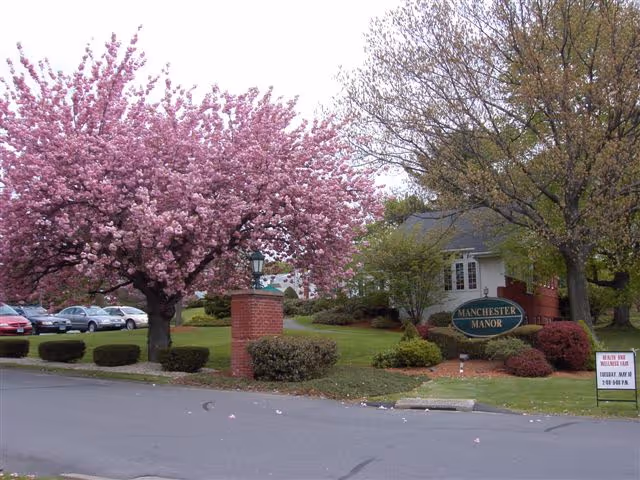 View of the exterior grounds of Manchester Manor featuring a blooming pink cherry blossom tree, manicured bushes, a brick pillar with a lamp, a green sign with the facility name, and a small white sign on the lawn. Several parked cars are visible in the background.