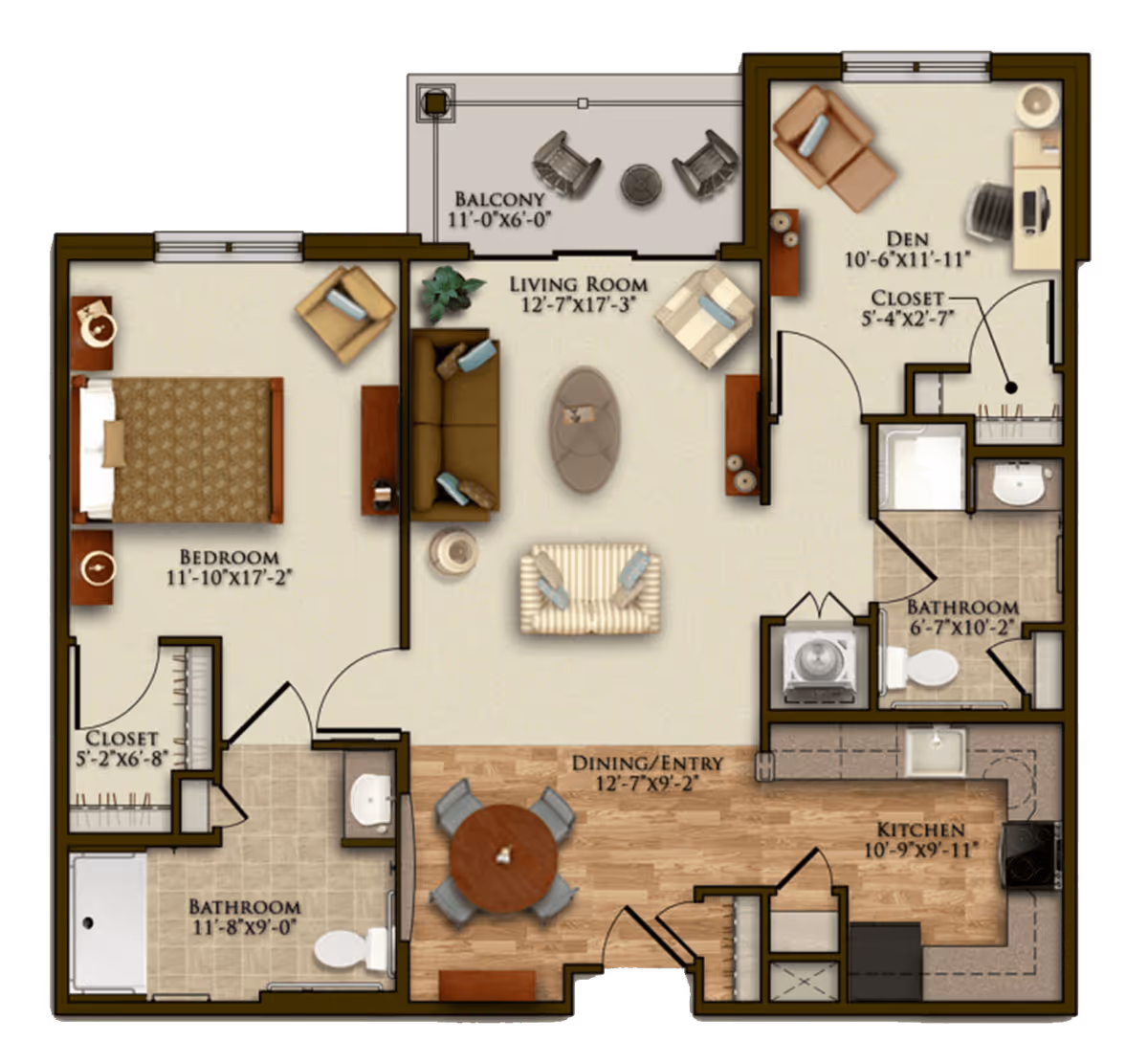 Floor plan of a senior living apartment at Harmony at Chantilly showing a bedroom with closet and bathroom, a living room with furniture, a balcony with two chairs and a table, a den with closet, a second bathroom, a dining/entry area with a round table and four chairs, and a kitchen with appliances.