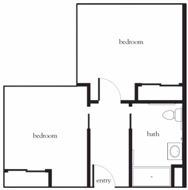 Architectural floor plan showing two bedrooms, one bathroom, and an entry area.