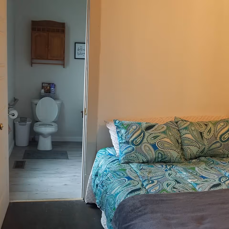 View of a bedroom with a bed covered in a blue and green paisley patterned comforter and pillows. Through an open door, a bathroom is visible with a white toilet, a small trash can, a wall-mounted wooden cabinet, and a framed picture on the wall.