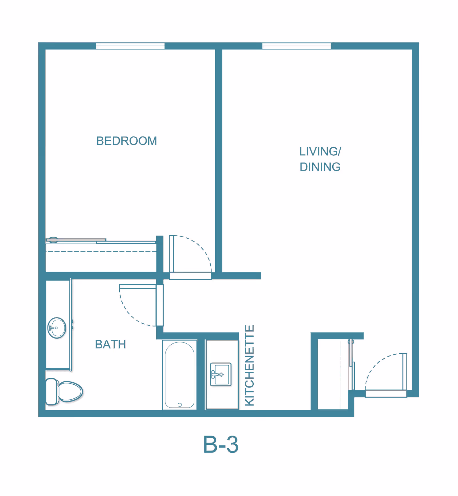 Floor plan layout of a one-bedroom apartment labeled B-3 at Solista Salem, showing a bedroom, bath, kitchenette, and combined living/dining area.