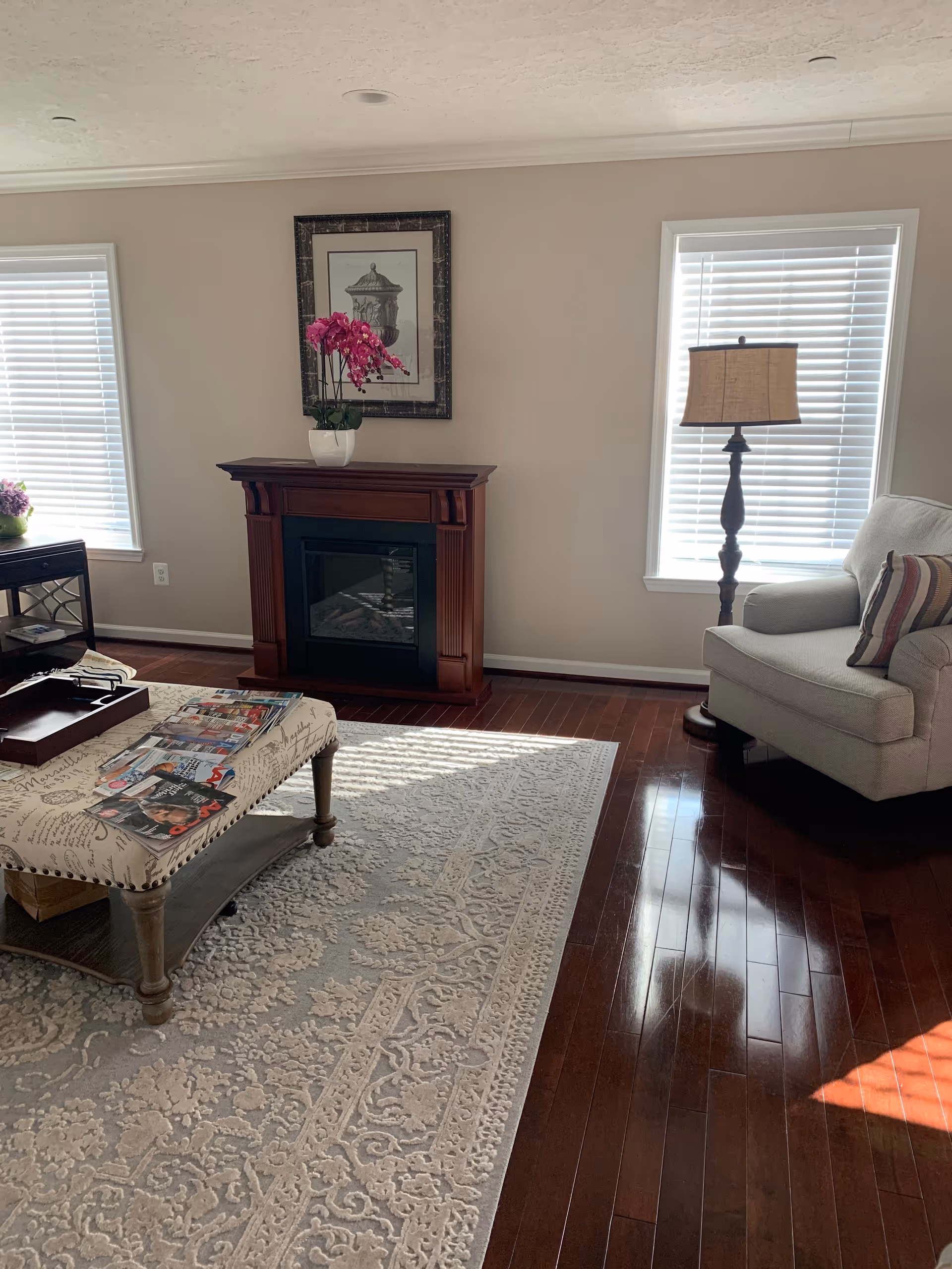 Sunlit living room with a fireplace mantel, armchair and floor lamp, a coffee table on a patterned rug, and two windows with blinds.