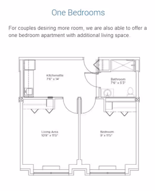 Floor plan of a one-bedroom apartment showing a kitchenette, bathroom, living area, and bedroom with dimensions.