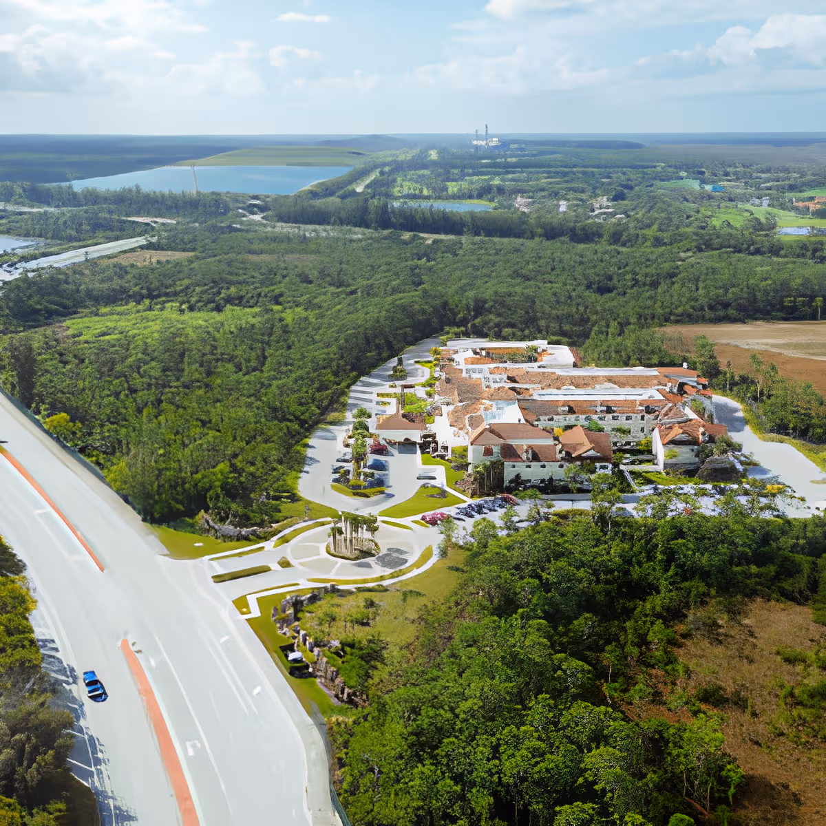 Aerial view of Discovery Village At Palm Beach Gardens surrounded by dense greenery and trees, with a circular driveway and parking area. The facility is located near a main road with a blue car visible, and there are lakes and forested areas in the background under a partly cloudy sky.