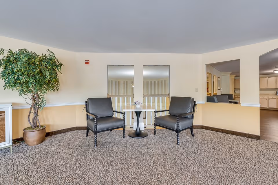 A seating area in a senior living facility with two black armchairs positioned around a small round table with a flower arrangement. A large potted plant is placed to the left, and the walls are painted in a two-tone color scheme with beige on the bottom and off-white on top. The area has carpeted flooring and an open view into a kitchen area with light-colored cabinets.