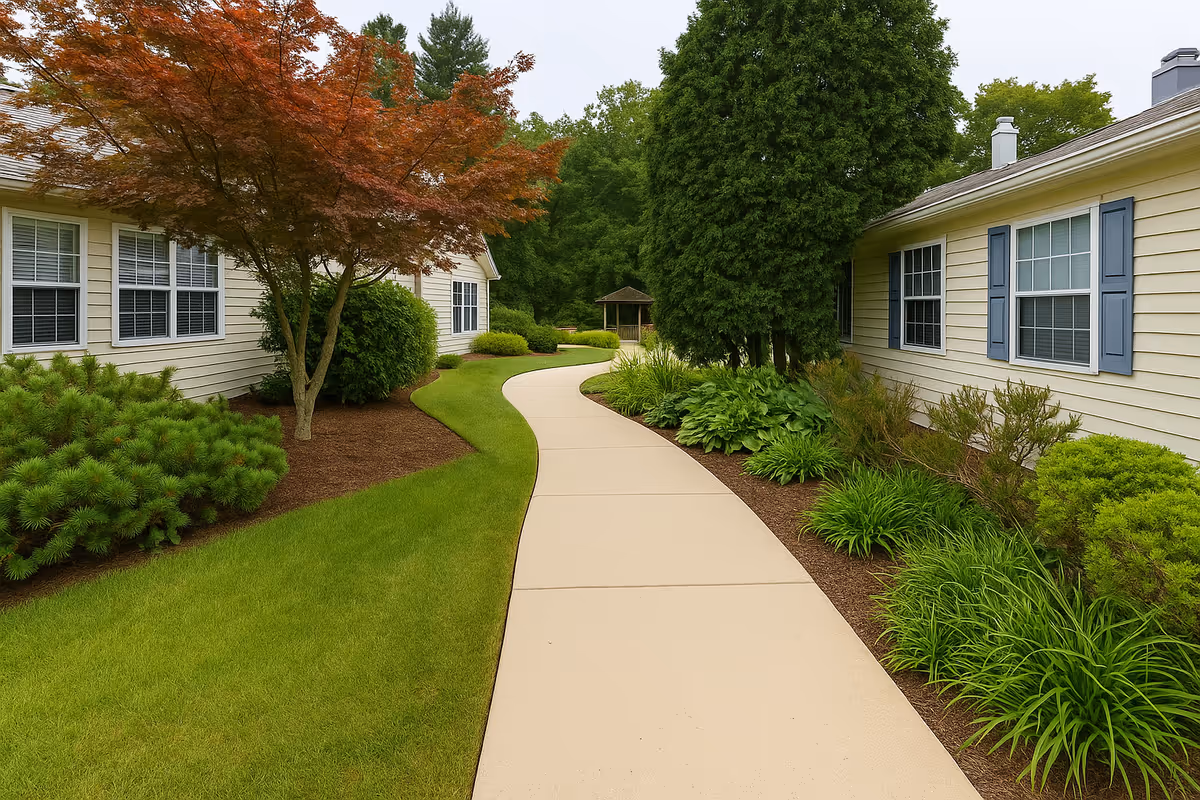 A winding concrete pathway flanked by well-maintained green lawns and various shrubs and trees, leading between two light-colored buildings with multiple windows. In the background, there is a small gazebo surrounded by trees.