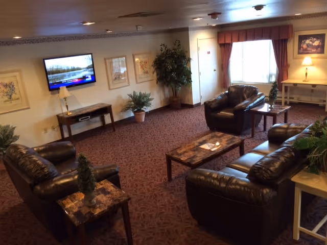 A cozy living room area with brown leather sofas and armchairs arranged around a marble-top coffee table. The room has a patterned carpet, several potted plants, framed artwork on the walls, a wall-mounted flat-screen TV, and a window with red curtains letting in natural light.