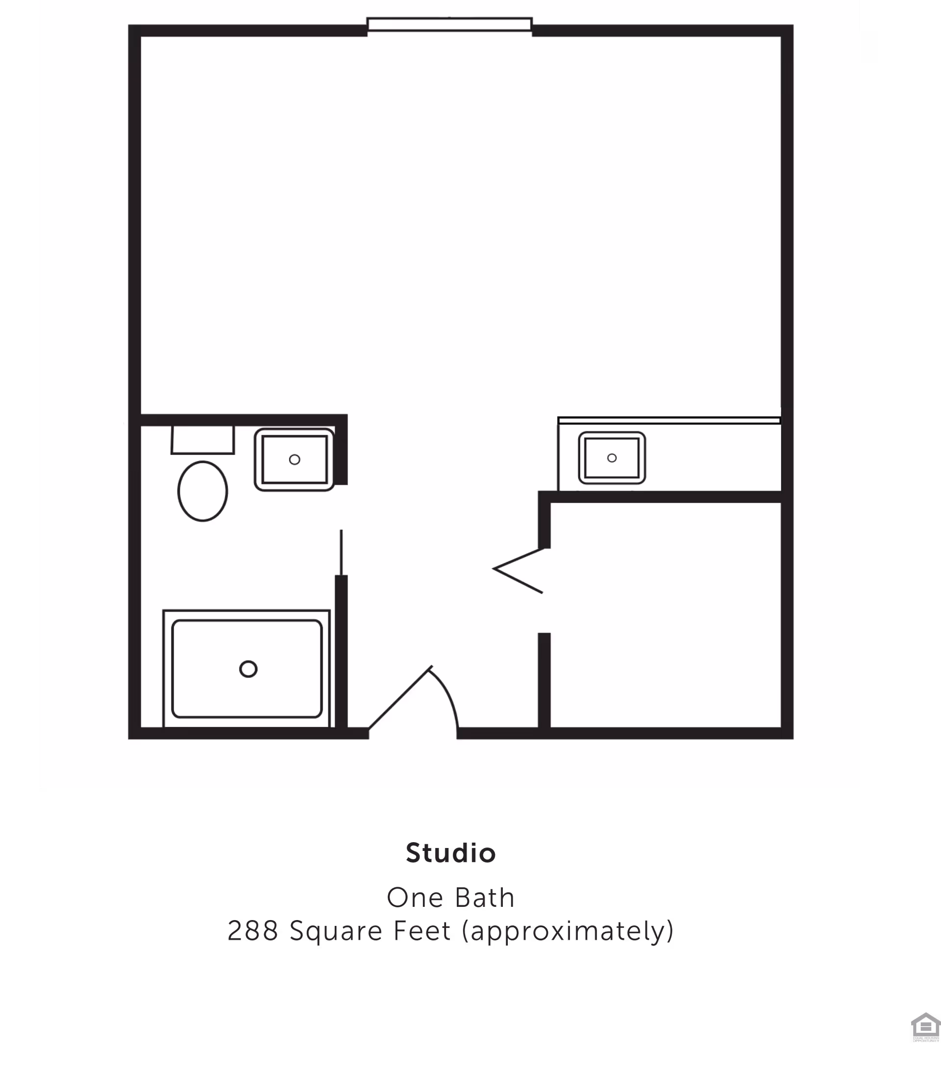Floor plan of a studio apartment with one bathroom, approximately 288 square feet. The layout shows a bathroom with a toilet, sink, and bathtub on the left side, an entry door in the center, and a kitchenette area with a sink on the right side.