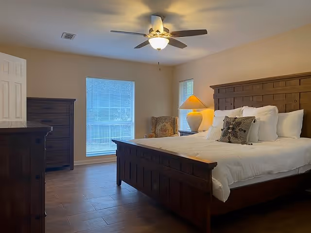 Sunny bedroom featuring a wooden bed and dresser, ceiling fan, bedside lamp, and two windows.