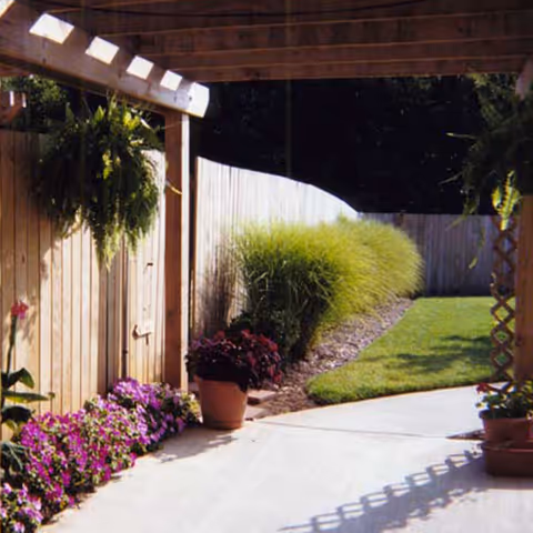 A shaded outdoor patio area with wooden beams overhead, hanging ferns, potted plants, and a flower bed along a wooden fence. There is a curved pathway leading to a grassy lawn bordered by ornamental grasses.