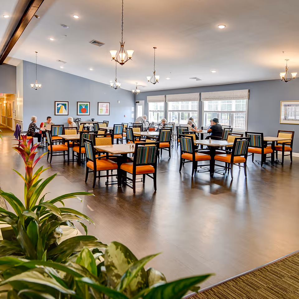 A spacious dining room in a senior living facility with multiple tables and chairs arranged neatly. Several elderly residents are seated at the tables, some engaged in conversation. The room has large windows allowing natural light to fill the space, light blue walls adorned with framed artwork, and hanging light fixtures from the ceiling. Green plants are visible in the foreground.