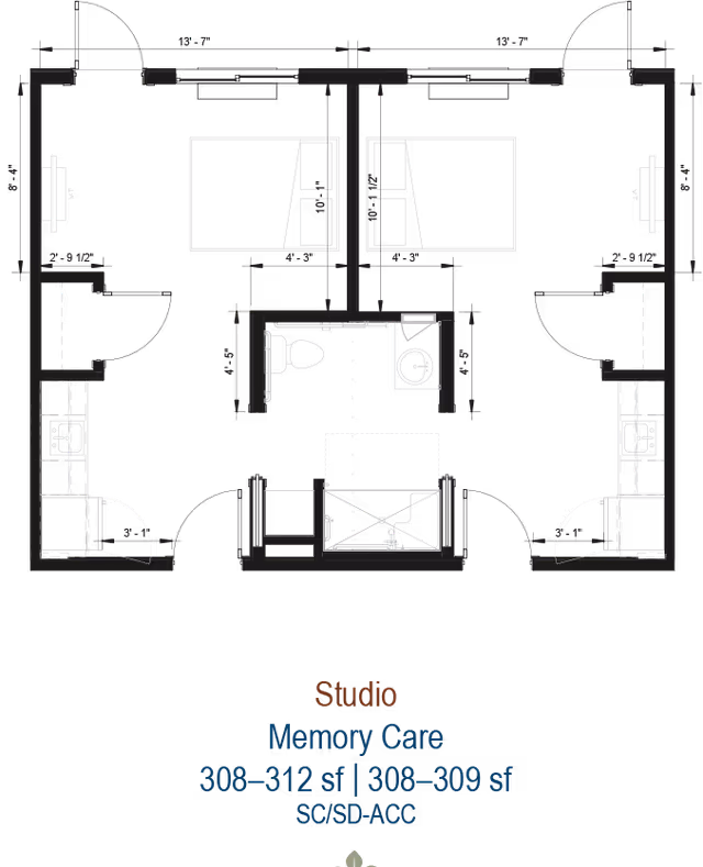 Architectural floor plan of a studio memory care unit showing two adjacent rooms each with a bed, a small closet, and a bathroom with a toilet and sink. The layout includes measurements and labels indicating the size of the units as 308-312 square feet and 308-309 square feet.