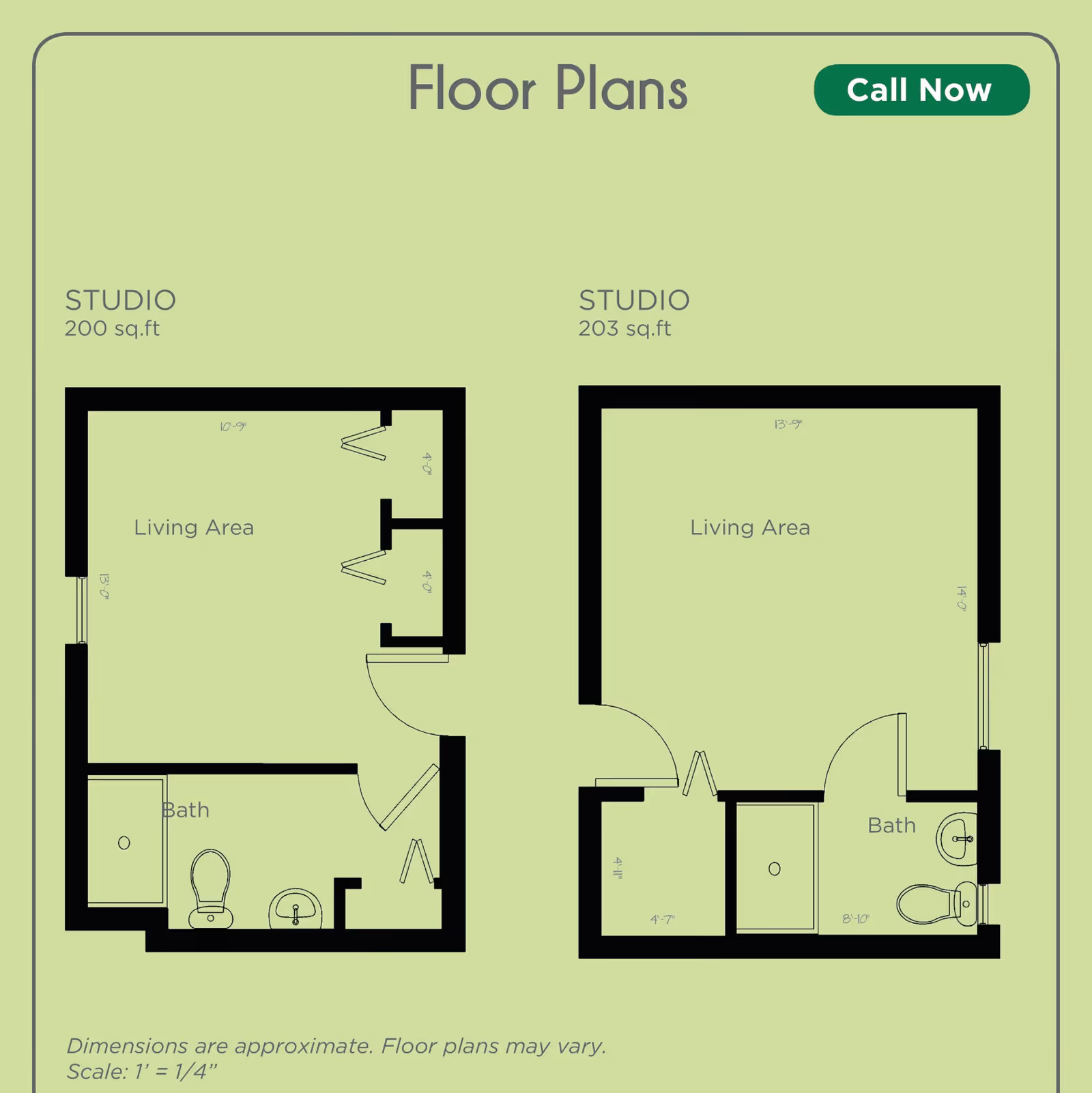 Floor plans for two studio apartments at Aurora Garden Care. The left plan is 200 sq.ft with a living area and a bath. The right plan is 203 sq.ft with a living area, a bath, and an additional small room. Both plans show approximate dimensions and layout of rooms.