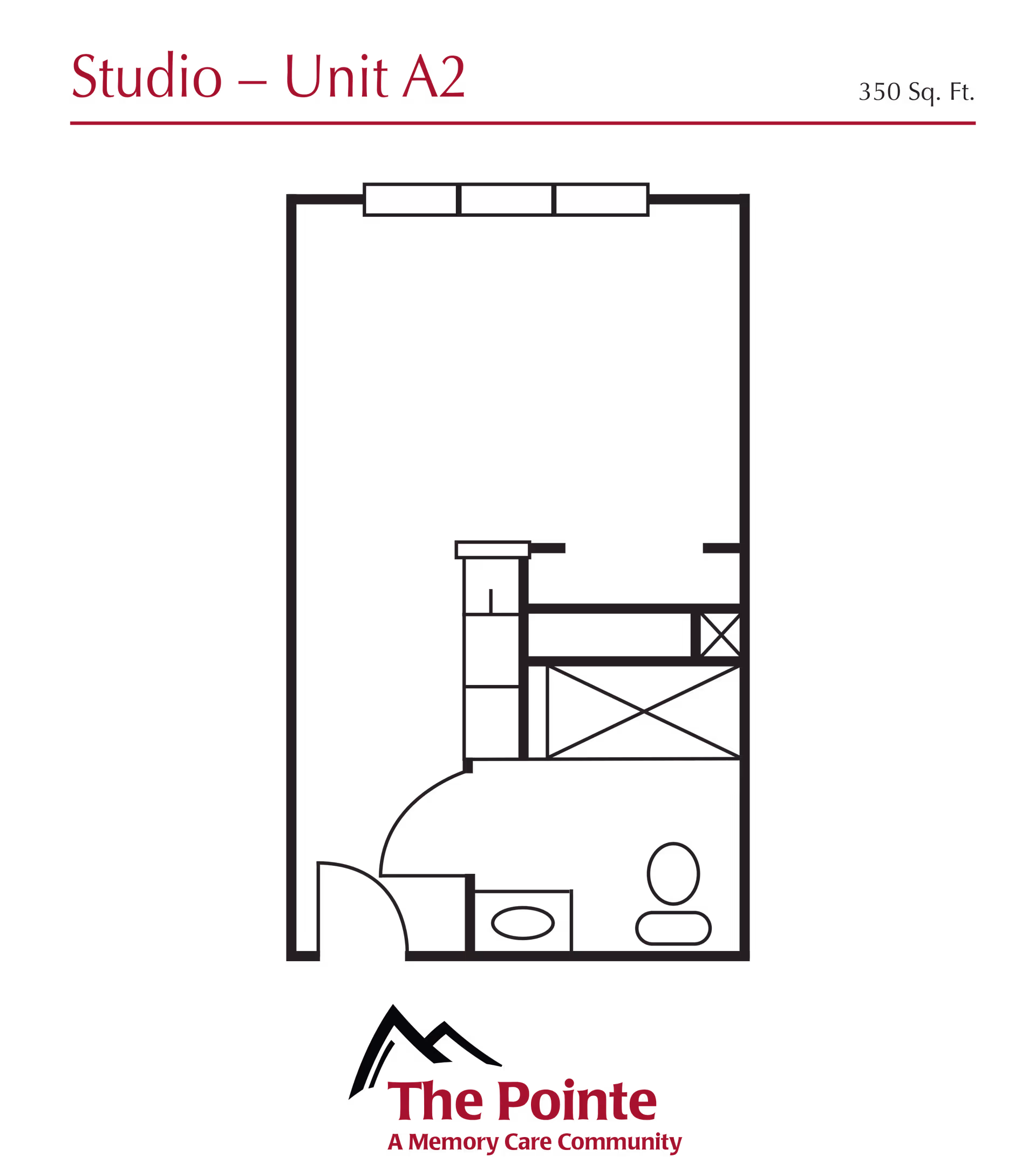 Floor plan layout of Studio Unit A2 with 350 square feet, showing a main living area, a bathroom with toilet and sink, and a small kitchenette area. The plan includes door placements and window locations.
