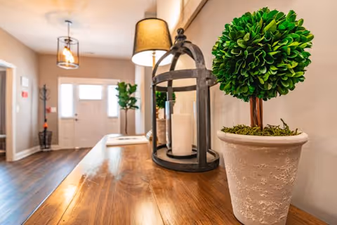 Wooden entry table topped with a potted topiary, lantern candles, and a lamp in a bright foyer leading to a front door.