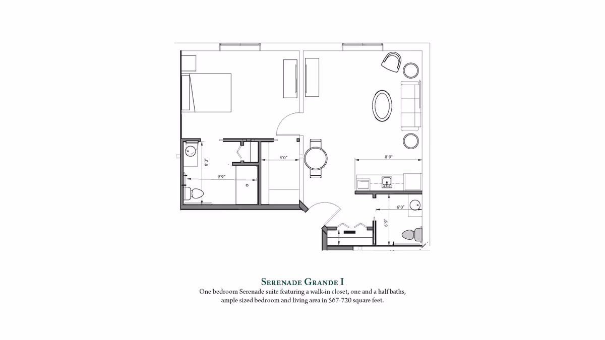 Architectural floor plan of a one-bedroom Serenade Grande I suite featuring a walk-in closet, one and a half baths, an ample sized bedroom, and a living area with furniture layout.