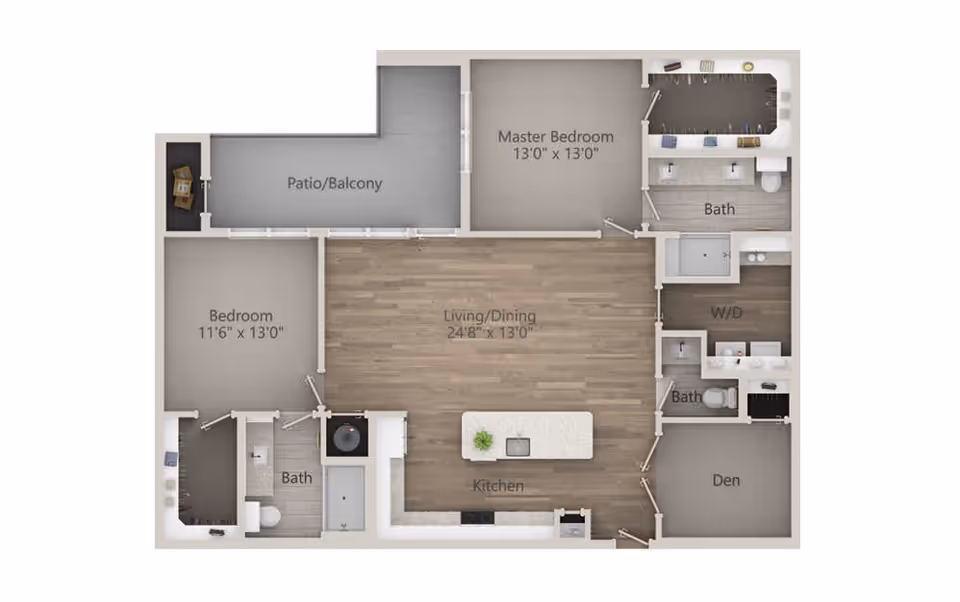 Floor plan of a 55+ apartment home showing a master bedroom, a second bedroom, a den, two bathrooms, a kitchen with an island, a living/dining area, a patio/balcony, and a washer/dryer area.