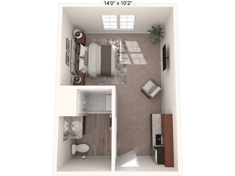 3D floor plan of a small apartment featuring a bedroom area with a bed, two nightstands with lamps, and framed pictures on the wall. The room has a window letting in natural light, a single armchair, a wall-mounted TV, and a potted plant. There is a kitchenette with cabinets, a sink, and a mini fridge. The bathroom includes a toilet, a double sink vanity, and a shower.