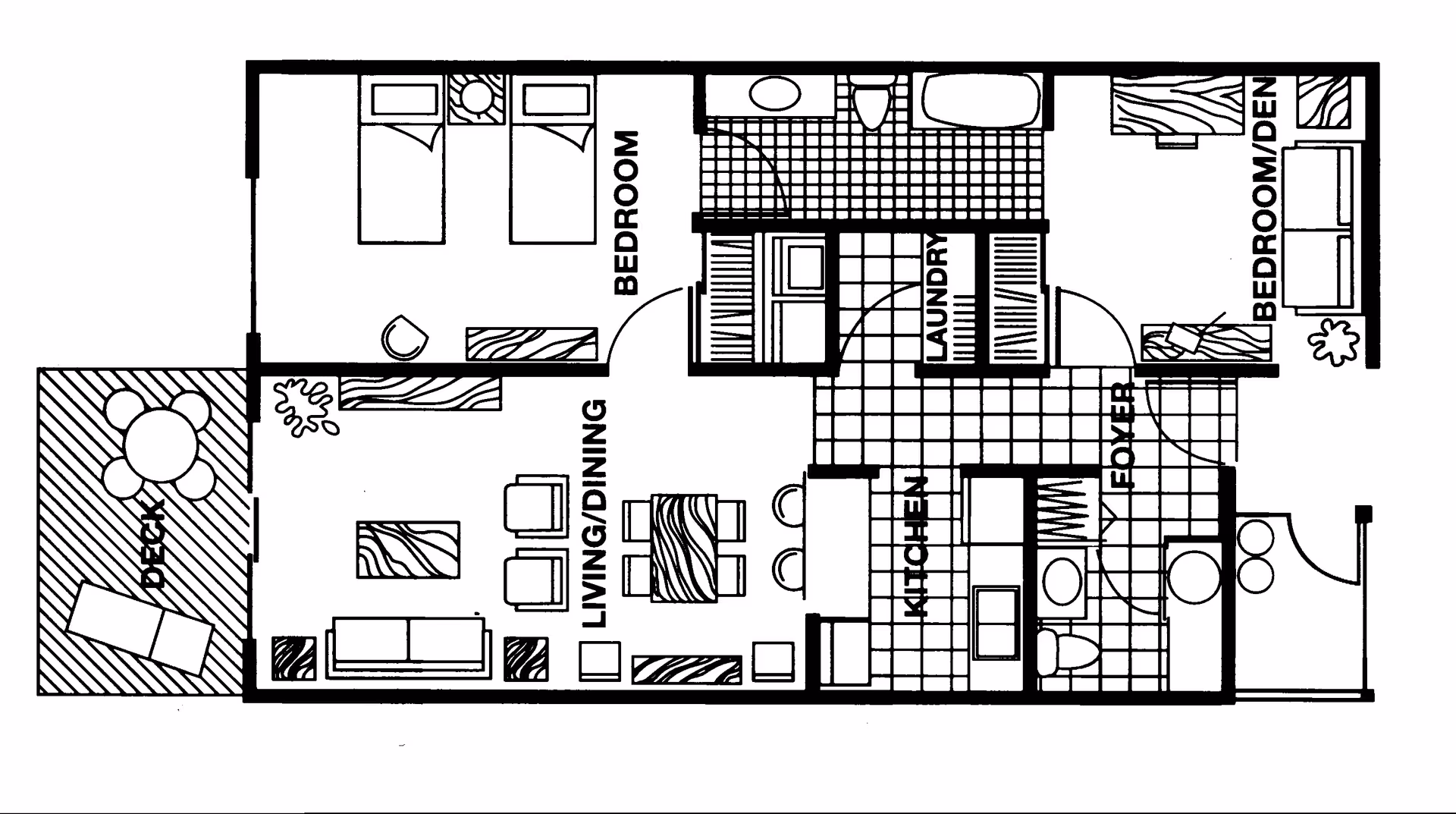 Architectural floor plan of a residential unit at The Lodge Retirement Community showing two bedrooms, a living/dining area, kitchen, laundry, foyer, bathroom, and a deck with outdoor furniture.