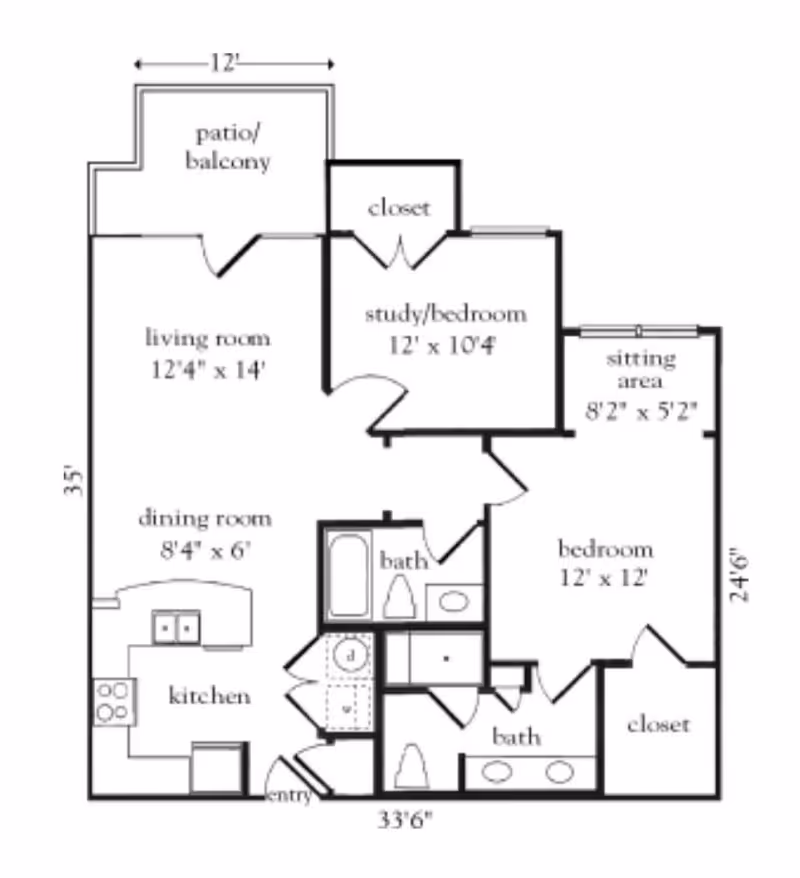 Architectural floor plan of a residential unit at Atria Canyon Creek showing a living room with patio/balcony, dining room, kitchen, study/bedroom, bedroom with sitting area, two bathrooms, closets, and entry area with dimensions.