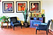 A cozy sitting area with two black armchairs and a small wooden table with a plant on it. There is a tall potted plant in the corner and a blue cabinet with decorative items and flowers on top. Three framed abstract art pieces hang on the wall above the cabinet.
