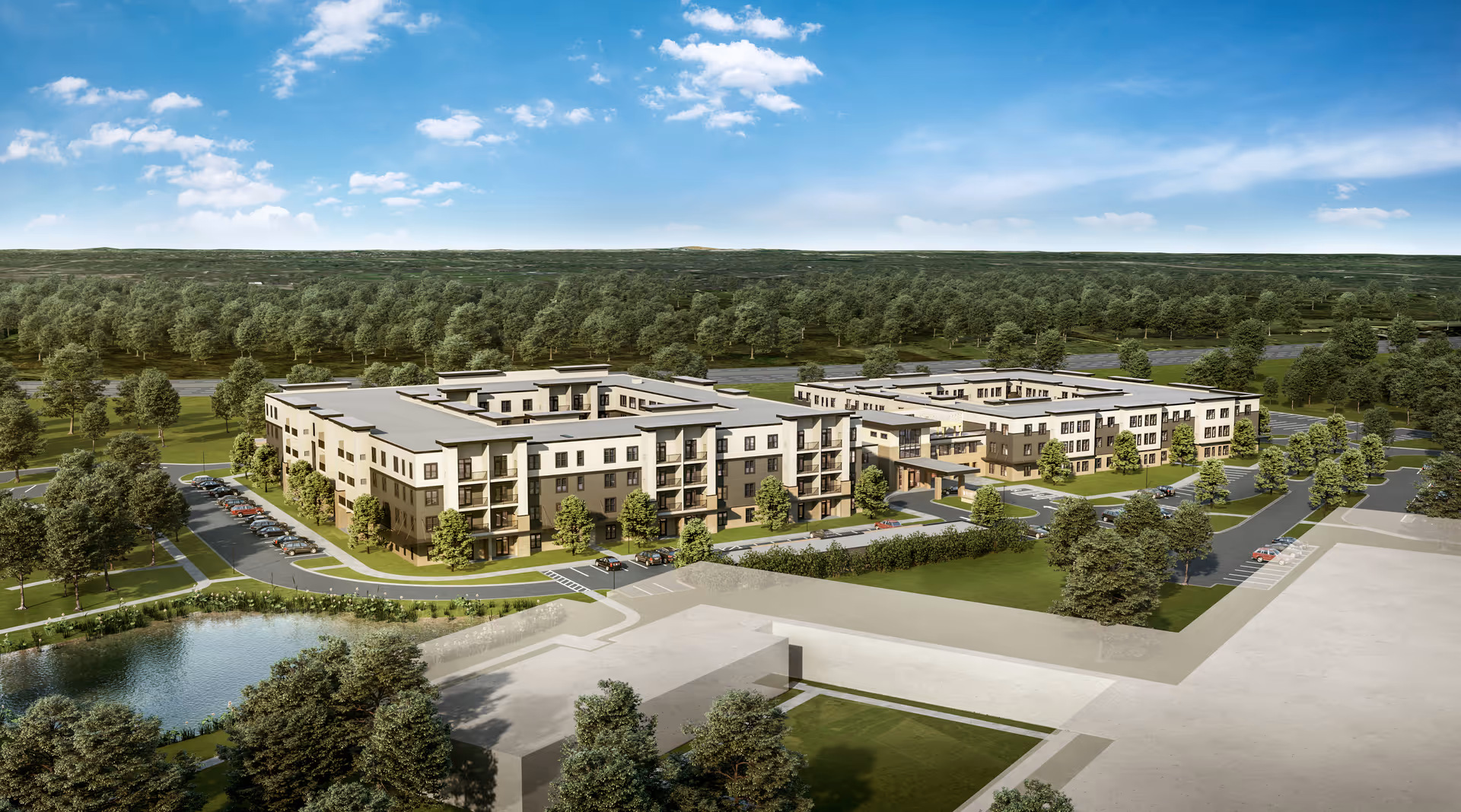 Aerial view of Rose Senior Living Farmington Hills residential complex with multiple beige buildings and parking.