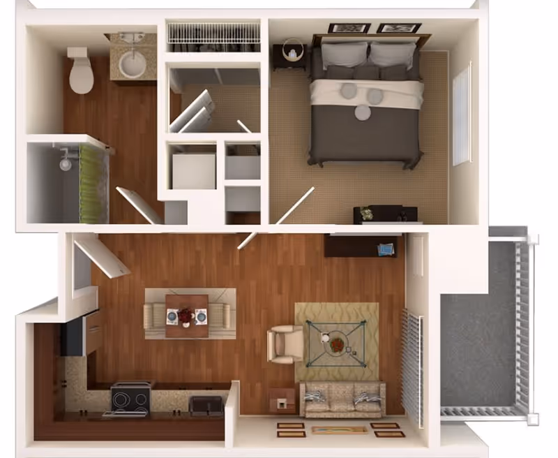 3D floor plan of a one-bedroom apartment at Shawnee Hills showing a bedroom with a double bed, a bathroom with a shower, toilet, and sink, a kitchen with appliances, a dining area with a table and chairs, a living room with a sofa, armchair, coffee table, and a balcony.