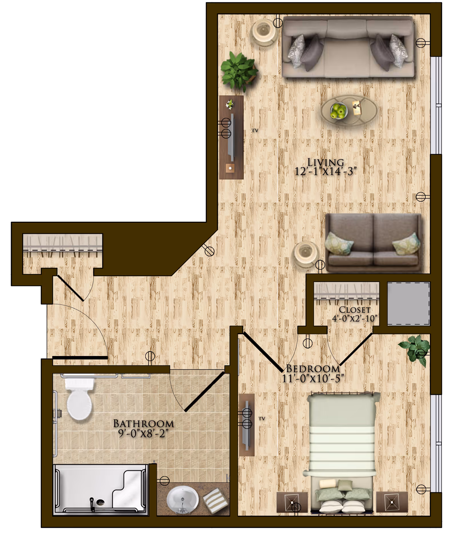 Floor plan of a senior living unit at Harmony At Mt. Juliet showing a living room with two sofas, a coffee table, a TV, and plants. Adjacent to the living room is a bedroom with a bed, two nightstands, a TV, and a closet. The bathroom includes a toilet, bathtub with shower, and a sink with a countertop.